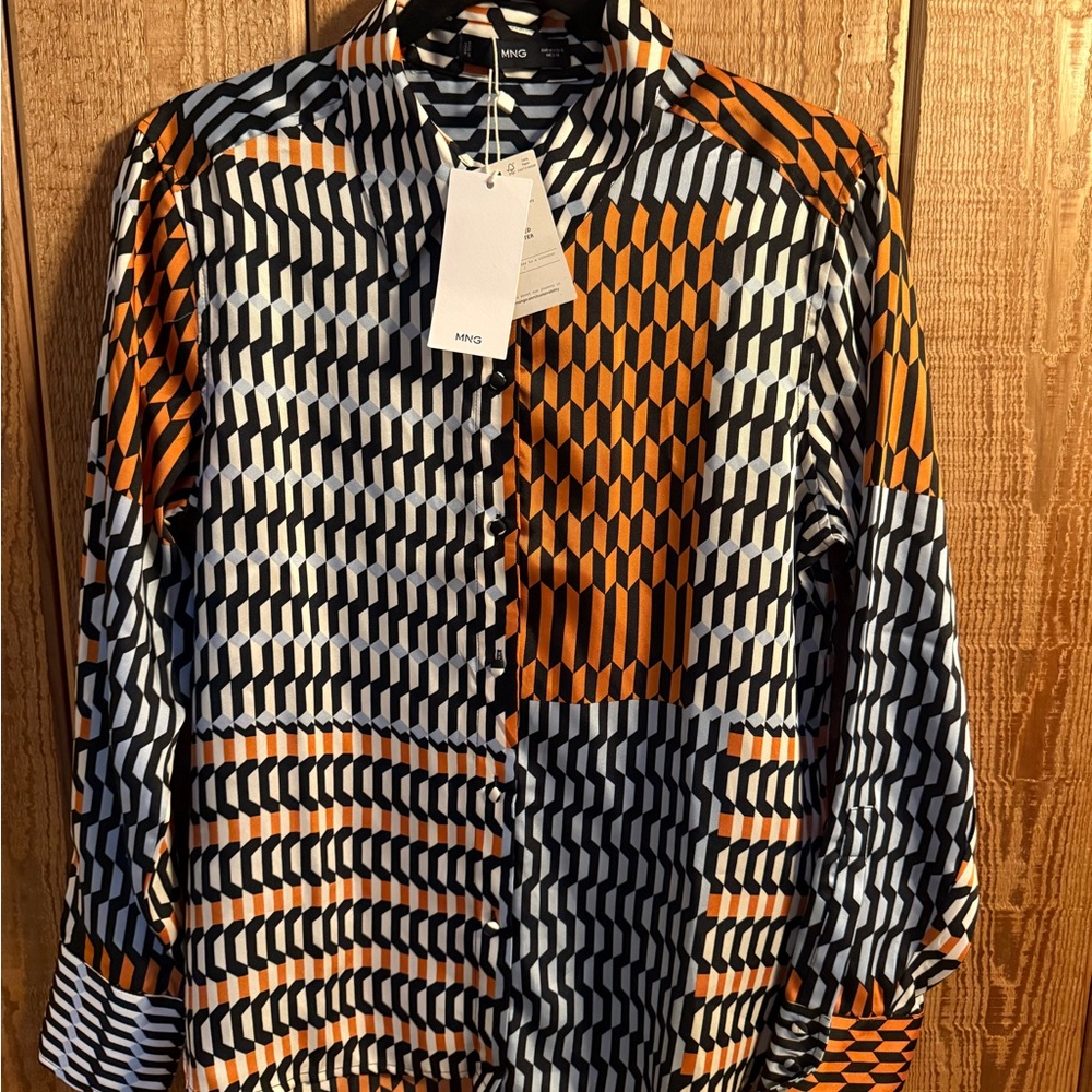 Mango Geometric Button-Down Shirt in Brown, Black & White - Picture 2 of 5